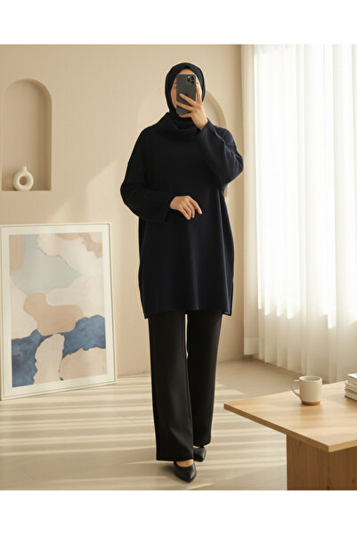 Modamorfo Turtleneck Slit Ribbed Knit Tunic - Navy