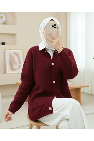 Modamorfo Soft Knit Cardigan with Button Front and Double Pockets - Burgundy