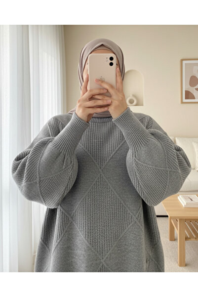 Modamorfo Round Neck Diamond Pattern Slit Knitwear Sweater -Gray