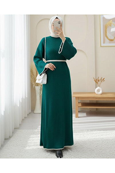 Modamorfo Lace-Up Knitwear Dress with Embroidered Hem and Sleeves - Emerald