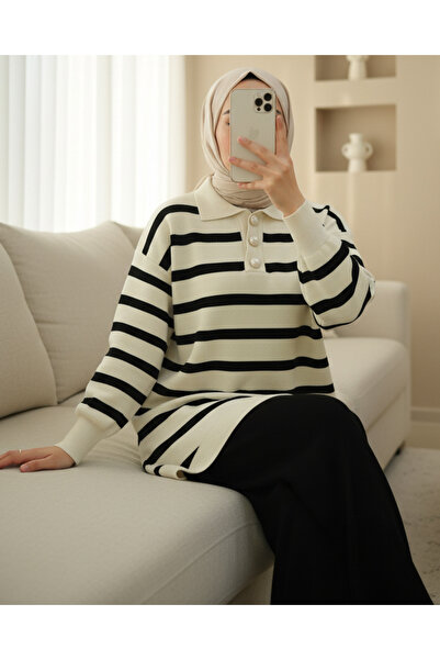 Modamorfo Polo Neck Buttoned Striped Knitwear Set -Black