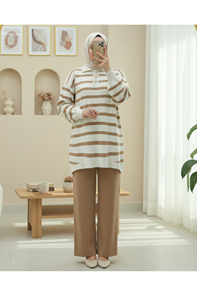Modamorfo Polo Neck Buttoned Striped Knitwear Set - Tan