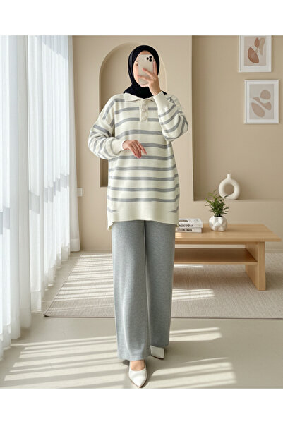 Modamorfo Polo Neck Buttoned Striped Knitwear Set - Gray
