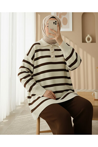 Modamorfo Polo Neck Buttoned Striped Knitwear Set - Brown
