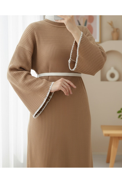 Modamorfo Etek Ucu Ve Kolları Nakışlı Bağcıklı Triko Elbise -Vizon