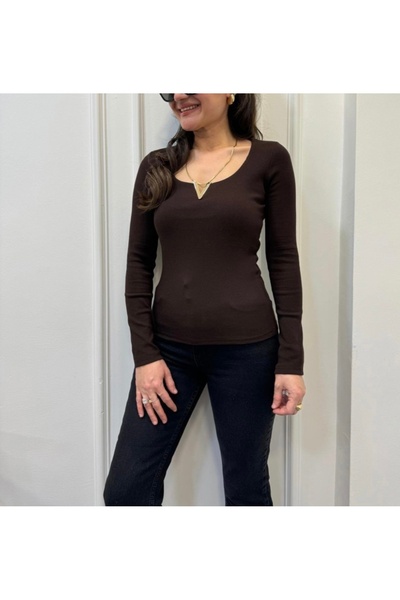 KAROL Kahverengi Gold metal V yakalı uzun kollu bluz