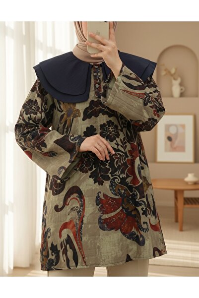 Modamorfo Apron Collar Half Buttoned Slit Quilted Tunic -Beige