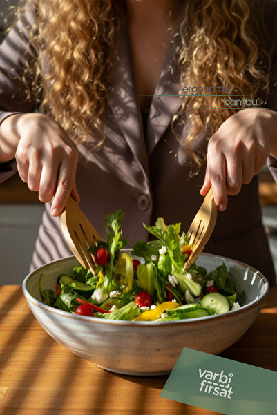 Varbifırsat 2-piece bamboo salad serving set