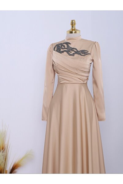 HİJABAYA Stone Detailed Draped Evening Dress