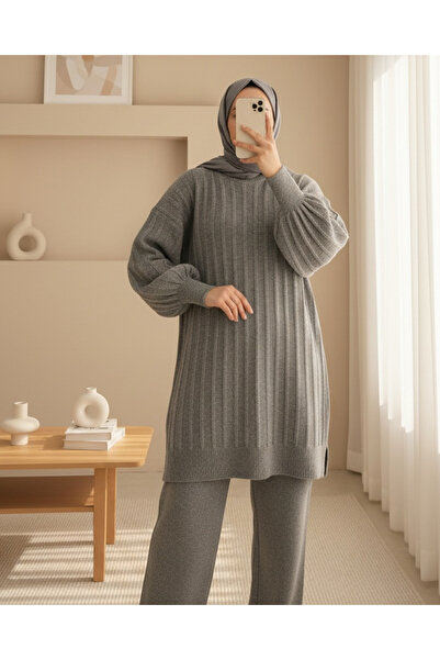 Modamorfo Corded Fabric Slit Yumoş Knitwear Tunic -Gray