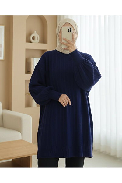 Modamorfo Corded Fabric Slit Yumoş Knitwear Tunic - Navy