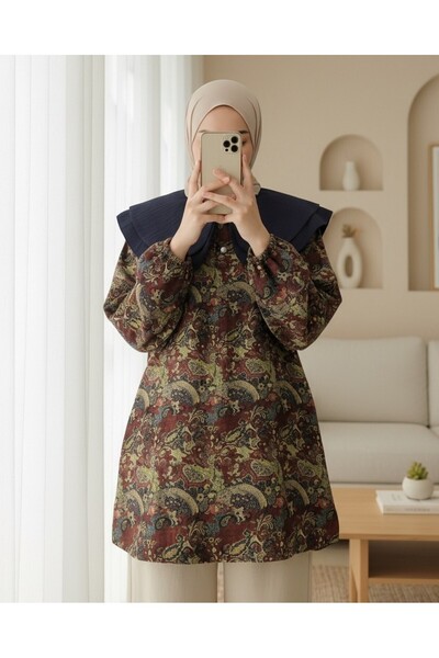 Modamorfo Apron Collar Half Buttoned Slit Quilted Tunic -Khaki