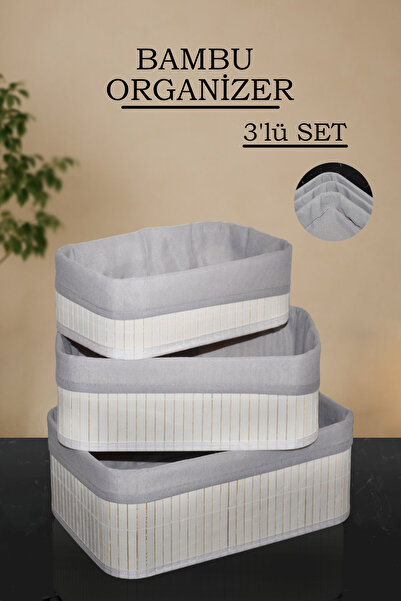 Karçiçeği Home 3'lü Bambu Saklama Sepeti – Naturel Astarlı Çok Amaçlı Düzenle...