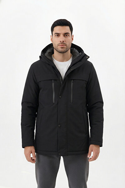D1fference Erkek Siyah Su ve Rüzgar Geçirmez Kapüşonlu Kışlık Mont & Kaban & ...