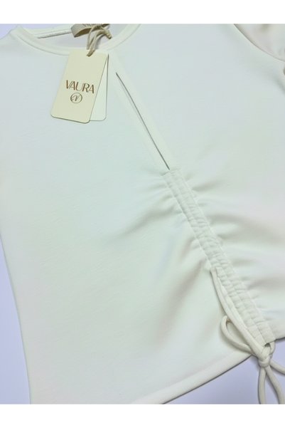 Vaura White Front Gathered Drop Collar Crop Sweatshirt, Casual and Comfortable