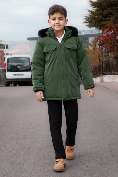 Cansın Mini Khaki Snap Fastener Chest Pocketed Boys' Hooded Coat with Fur Inside 21348