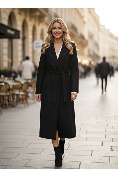 dml giyim Düğmesiz Kuşaklı kaşmir kaban