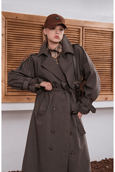 HOPE AND ME Premium Vizon Oversize Astarlı-Kuşaklı Uzun Trençkot