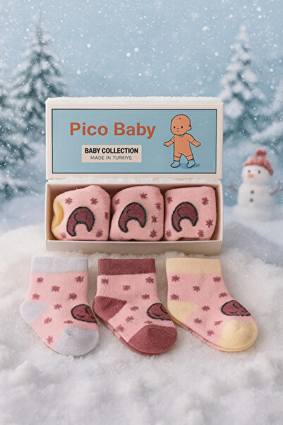 Pico Baby 3'lü Yenidoğan Bebek Ay Desenli Kutulu/Kışlık/ Havlu Çorap