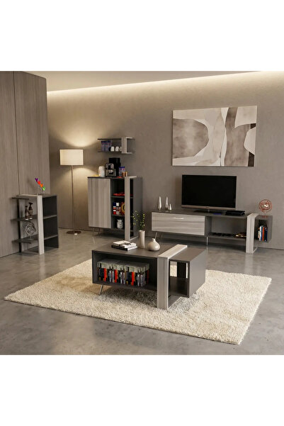 Stylish Home طقم طاولات تلفزيون وقهوة ابيض و رمادي - SH19