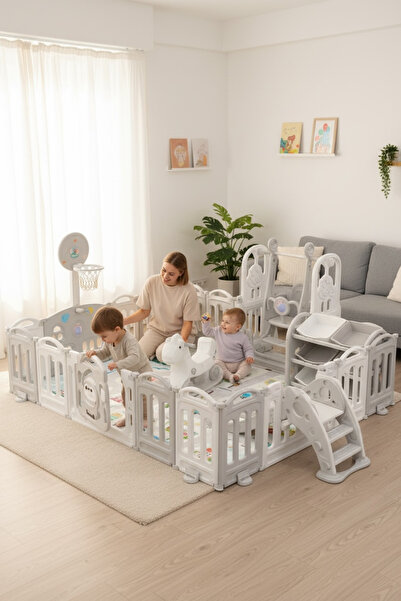 OEM Grey Penguin modular playpen, with drawing board, swing, shelves, slide and accessories