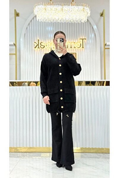 Nefise Angora Kapşonlu Uzun Hırka