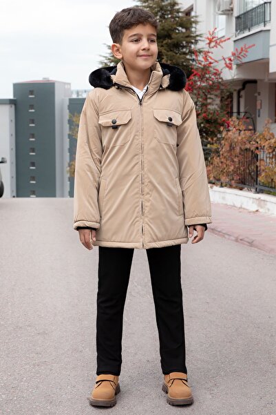 Cansın Mini Μπεζ μπουφάν με κουκούλα για αγόρι με τσέπη με γούνα εσωτερικά21352