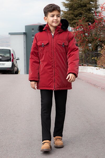 Cansın Mini Claret Red Snap Fastener Chest Pocketed Fur Lined Boy's Hooded Coat 21350