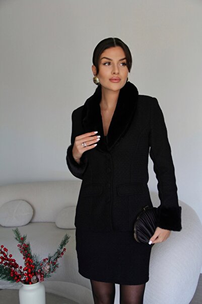 Julidress Set de tweed cu design premium, cu mâneci cu detalii din blană, jac...