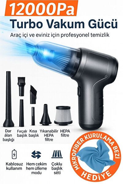 POLYGOLD 12000Pa Süper Güçlü Portatif Kablosuz Vakumlu Ve Üflemeli Araç Süpürgesi 3 Kademeli
