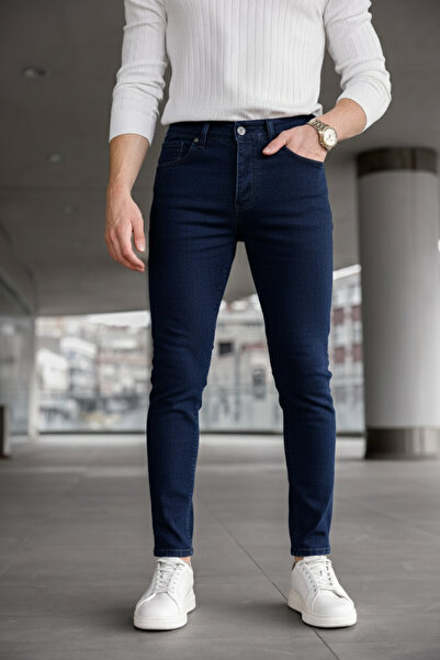 Ser Joven Férfi sötétkék karcsúsított Lycra Jean nadrág