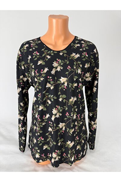 YAŞAR TRİKO Women's Black Floral Patterned U-Neck Long Sleeve Side Slit Suede...