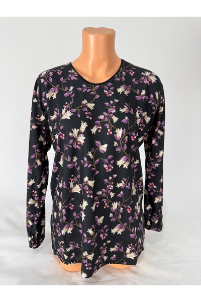 YAŞAR TRİKO Γυναικείο μαύρο μπλουζάκι με λουλουδάτο σχέδιο με λαιμόκοψη σε σχήμα U με μακρύ μανίκι στο πλάι άνοιγμα Suede Mother Combed Cotton T-shirt