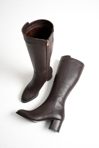 ANALİN SHOES Cizme de damă din piele naturală cu toc elegant - maro