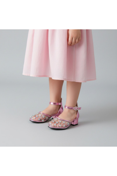 PATİK BEBE حذاء سهرة بكعب موديل سندريلا شفاف وردي اللون للفتيات