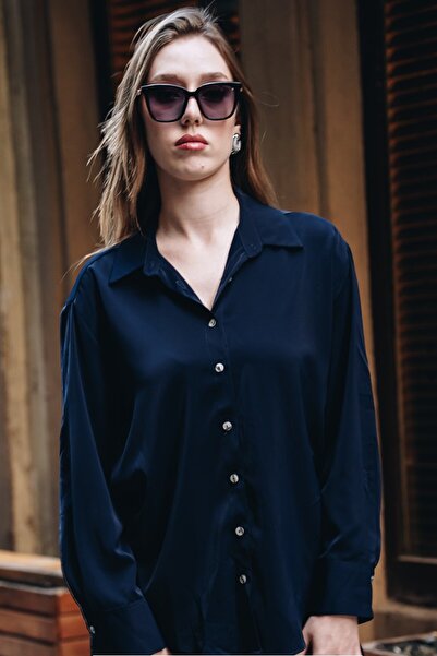 Cochines Women's Navy Blue Light Flowy Oversized Satin Surface Long Sleeve Shirt