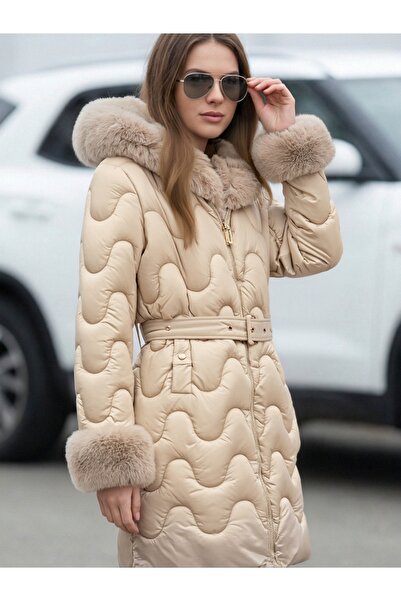 SETTY KOOP Women’s Winter Puffer Coat with Faux Fur Hood and Cuffs – Warm Belted Long Jacket geacă de femei