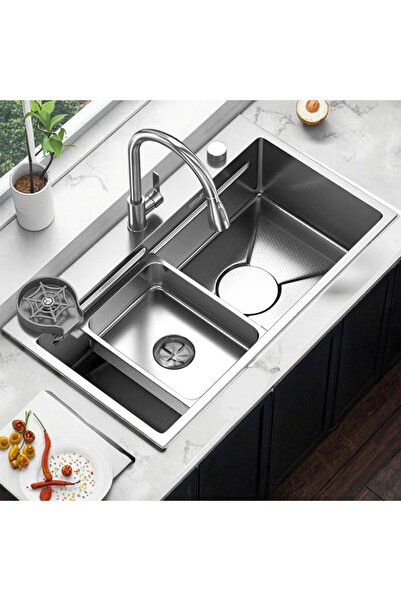 OEM Stainless Steel Kitchen Sink with Double Faucet, Graphite Black, 75x45x21 cm