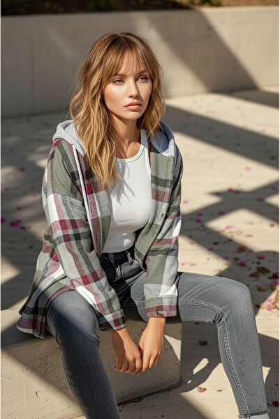 MAMAYAGA Kadın Desenli Renkli Oduncu Oversize Bol ve Geniş Kalıp Casual Çift Kapüşonlu Ceket Gömlek