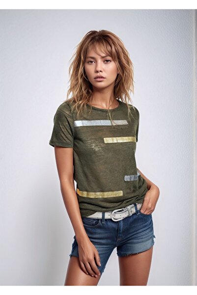 MAMAYAGA Γυναικεία μπλούζα με χρυσό ρίγες με μοτίβο Khaki Causal Sports Styli...