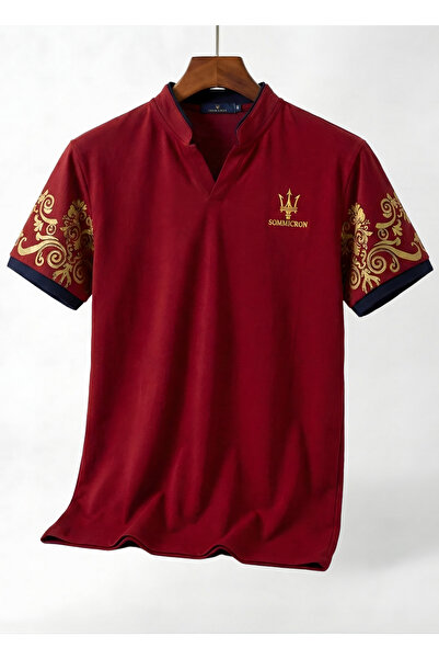 ixir Foil Printed Embroidered Men's & Women's V Neck Unisex T-Shirt Claret Red