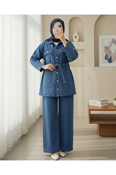 Modamorfo Beli Belted Pocketed Buttoned Front Denim Suit - Blue