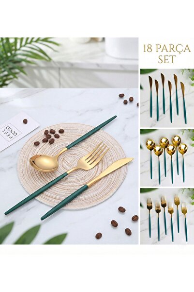 TARIK HOME 6 Kişilik Gold Yeşil Paslanmaz Çelik 18 Parça Yuvarlak Form Çatal Bıçak Kaşık Seti