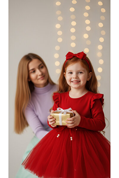 Retro Women Kız Çocuk Kırmızı Pamuklu Tül Uzun Kol Özel Gün Doğum Günü Abiye Hediye Günlük Prenses Elbise