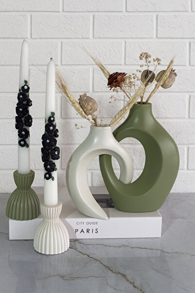 Zigzag Home Dekoratif Bohem Tarz Sarmaşık Sevgili Vazo ve Şam’dan Mumluklu Set Biblo Dekoratif Vazo Seti Takımı