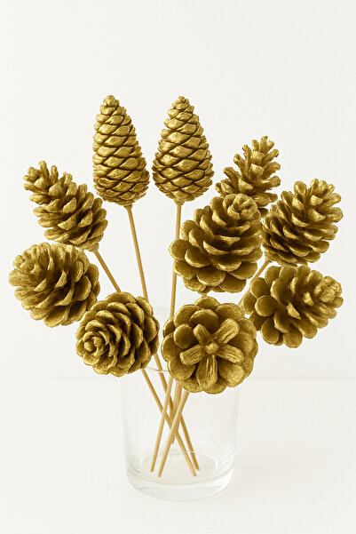 Cats&Kids 10’lu Çam Kozalağı, Bambu Saplı Kozalak, Dore Rengi, Simli Kozalak ...