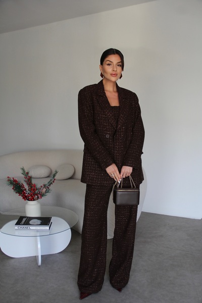 Julidress Кафеен топ, сако и панталони палацо 3-частен комплект от туид с пайети