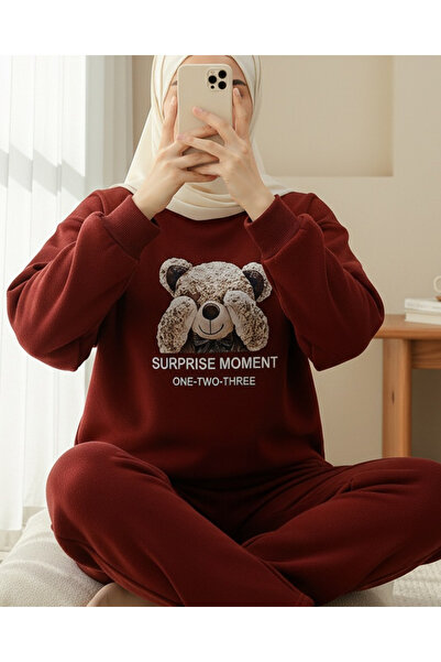 Modamorfo Teddy Bear Printed Fleece-Lined 3 Thread Sweat Set - Claret Red