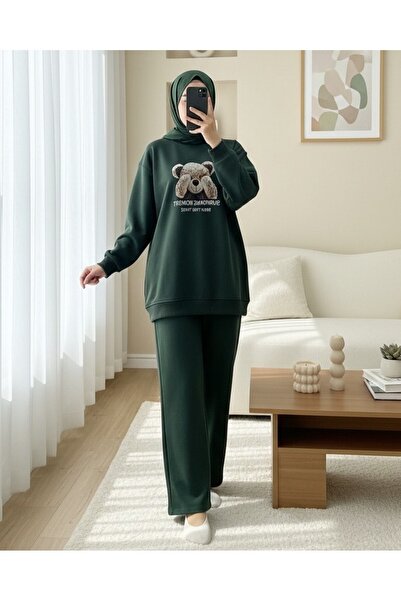 Modamorfo Teddy Bear Printed Fleece-Lined 3 Thread Sweat Set - Khaki