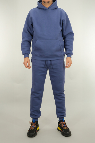 Souris Ανδρικό σετ αθλητικής φόρμας άνετης εφαρμογής με 3 κλωστές χοντρό χειμερινό K με κουκούλα Indigo